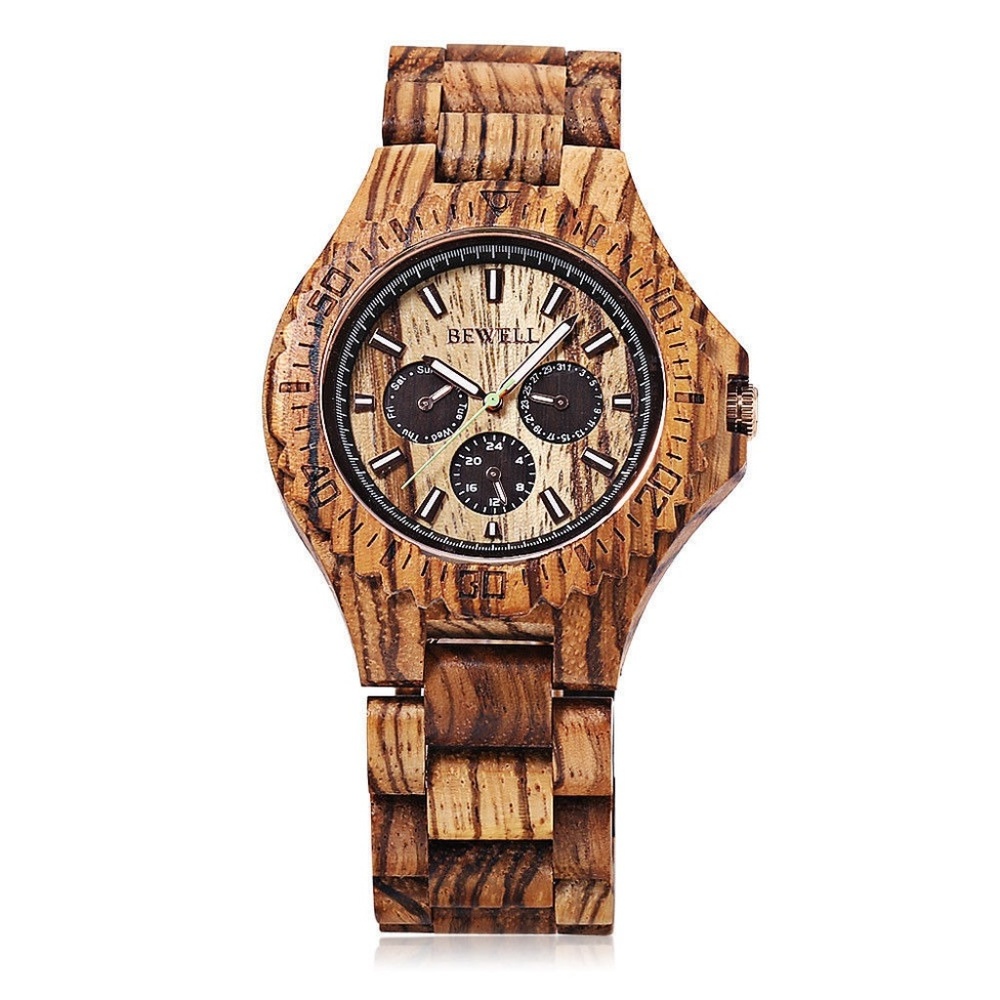 BEWELL Men's Wooden Wood Japan Quartz Watch Date
